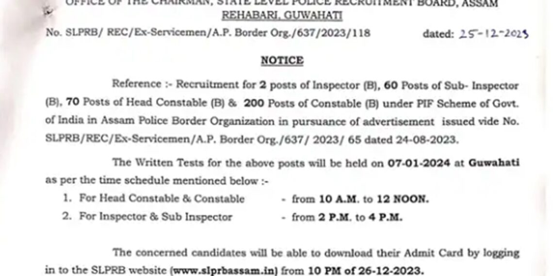 Assam Police recruitment board releases admit cards for examinations on January 7