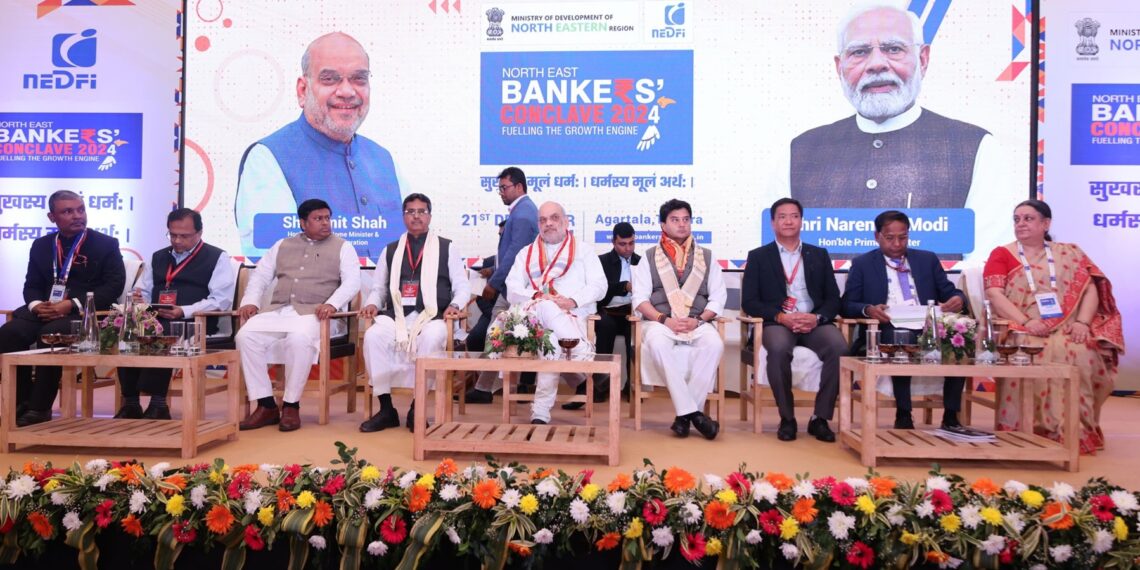 Union Minister Amit Shah along with ministers of Northeast ministers at the Bankers' Conclave in Agartala (DrManikSaha2/X)