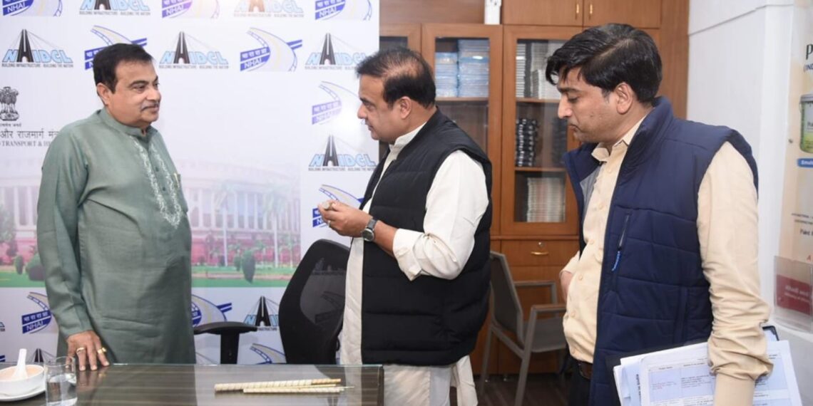 Assam Chief Minister Himanta Biswa Sarma and Union Minister Nitin Gadkari at the review meeting on Tuesday