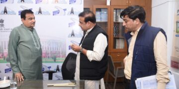 Assam Chief Minister Himanta Biswa Sarma and Union Minister Nitin Gadkari at the review meeting on Tuesday