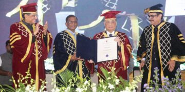Assam Governor Lakshman Prasad Acharya along with MP Ranjan Gogoi and other dignitaries at the 4th Convocation of Royal Global University