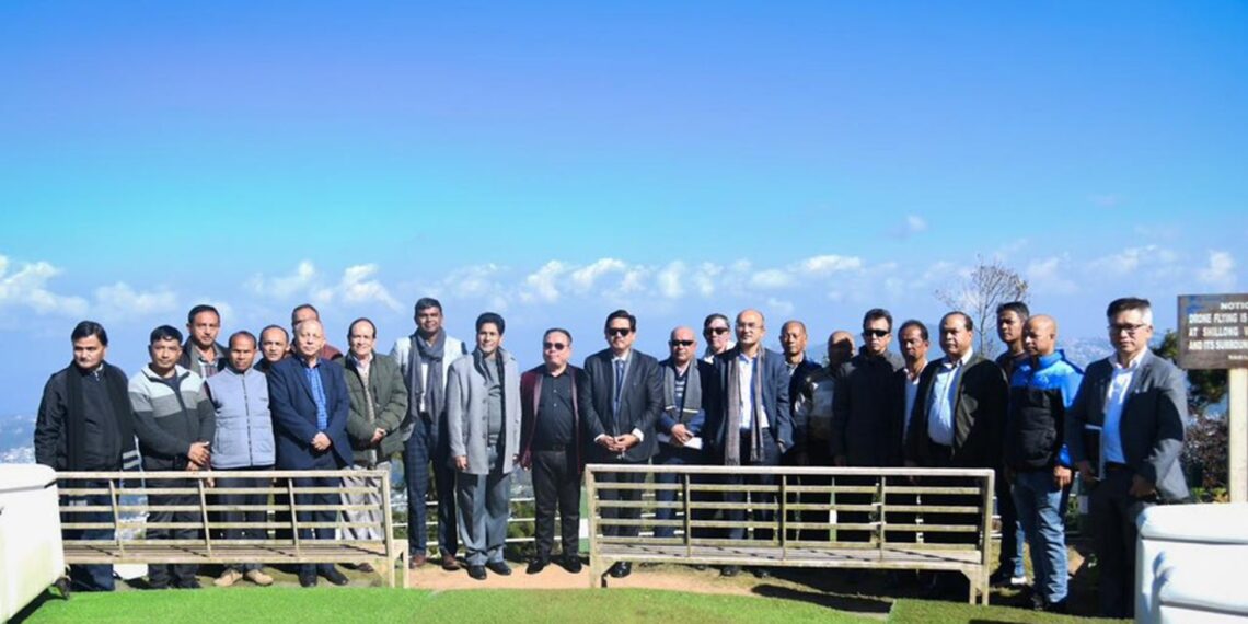 Meghalaya Chief Minister Conrad K Sangma, Tourism Minister Paul Lyngdoh, South Shillong MLA Sanbor Shullai and others at the launch programme of the Ropeway Project at Shillong Peak on Wednesday