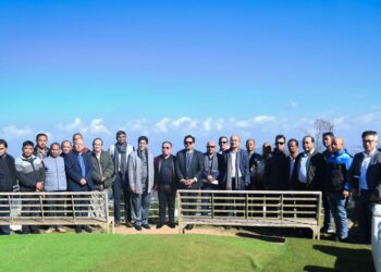 Meghalaya Chief Minister Conrad K Sangma, Tourism Minister Paul Lyngdoh, South Shillong MLA Sanbor Shullai and others at the launch programme of the Ropeway Project at Shillong Peak on Wednesday