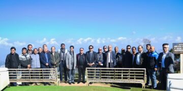 Meghalaya Chief Minister Conrad K Sangma, Tourism Minister Paul Lyngdoh, South Shillong MLA Sanbor Shullai and others at the launch programme of the Ropeway Project at Shillong Peak on Wednesday