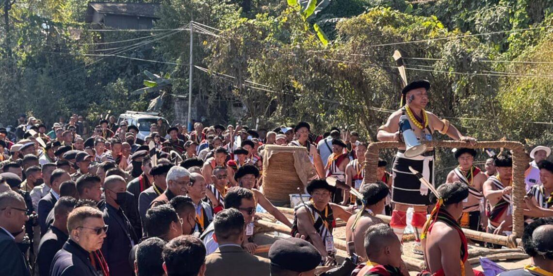The indigenous people of Nagaland take part in the Stone-Pulling ceremony at the Hornbill Festival in Kisama Village, Nagaland on Wednesday (k_salhoutuonuo/X)