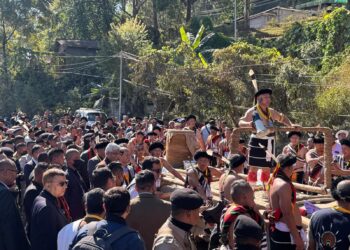 The indigenous people of Nagaland take part in the Stone-Pulling ceremony at the Hornbill Festival in Kisama Village, Nagaland on Wednesday (k_salhoutuonuo/X)