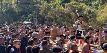 The indigenous people of Nagaland take part in the Stone-Pulling ceremony at the Hornbill Festival in Kisama Village, Nagaland on Wednesday (k_salhoutuonuo/X)