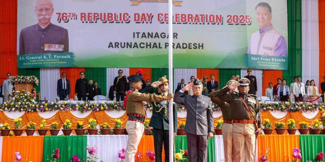 Arunachal Pradesh Governor Lt Gen K T Parnaik (Retd) salutes the national flag during R-Day celebration