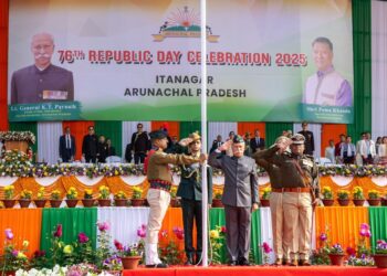 Arunachal Pradesh Governor Lt Gen K T Parnaik (Retd) salutes the national flag during R-Day celebration
