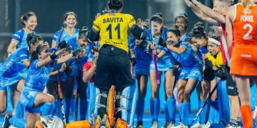 Indian women hockey team celebrates after defeating the Netherlands on Tuesday (TheHockeyIndia/X)