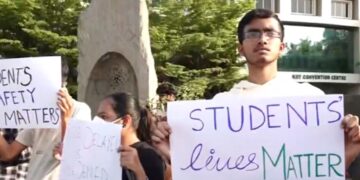A file photo of students protest the death of KIIT student, Prakriti Lamsal