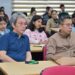 Eminent poet and NEHU teacher Robin Ngangom (right) during a session at Dibrugarh University International Literary Festival on Thursday