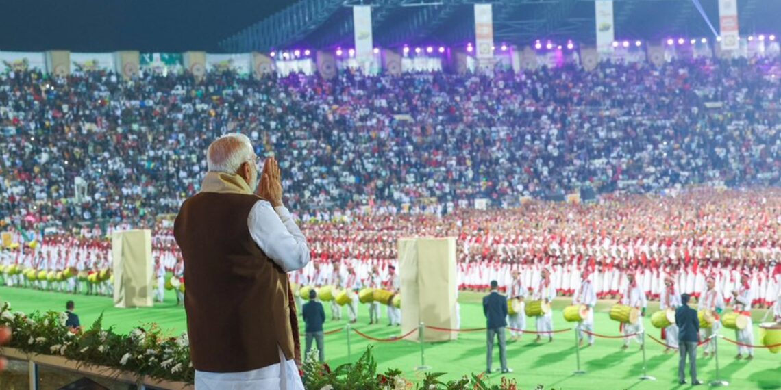 Prime Minister Narendra Modi attends the Jhumoir dance event in Guwahati on Monday (narendramodi/X)