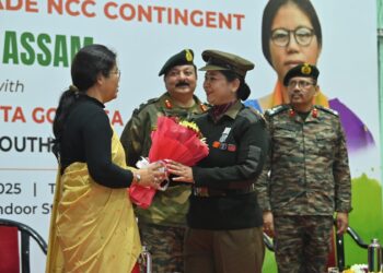 Assam Sports Minister Nandita Garlosa felicitates an NCC cadet
