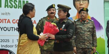 Assam Sports Minister Nandita Garlosa felicitates an NCC cadet