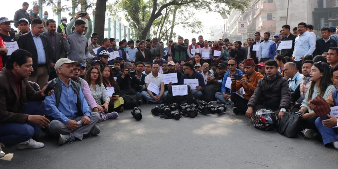 Journalists gathered at Maitighar Mandala to stage a mass protest, demanding justice (FNJNepal/X)