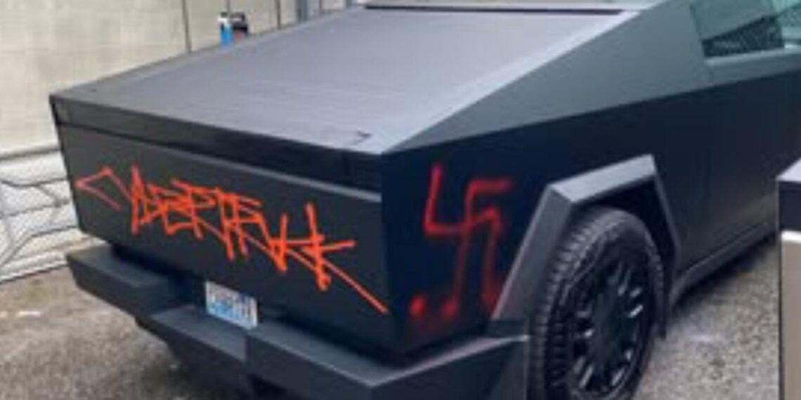 A vandalised Tesla vehicle