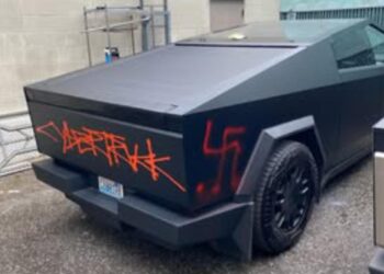 A vandalised Tesla vehicle