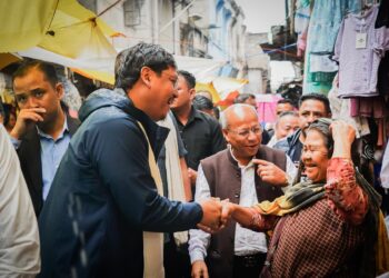 CM Conrad K Sangma and his deputy, Prestone Tynsong, interact with locals at Iewduh on Monday
