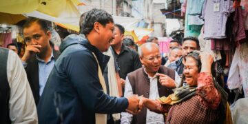 CM Conrad K Sangma and his deputy, Prestone Tynsong, interact with locals at Iewduh on Monday