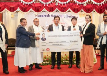 Chief Minister Conrad K. Sangma hands over a financial grant of Rs. 1 crore to Nazareth Hospital