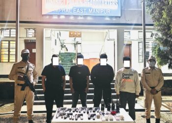 A file photo of arrested UNLF-P insurgents along with the seized weapons in Manipur (X)